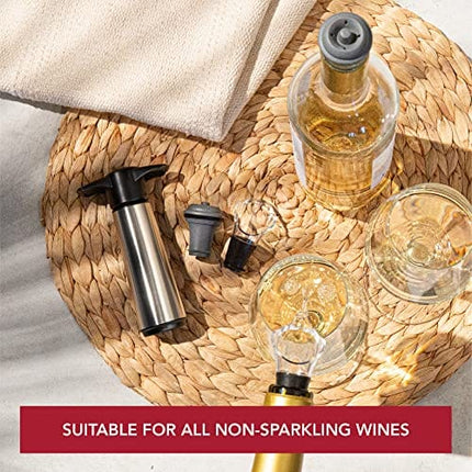 The Original Vacu Vin Wine Saver Pump and Wine Preserver with Vacu Vin Wine Stoppers Vacuum Sealers and Wine Pourers. Wine Pump is Stainless Steel. Wine Vacuum Stoppers are Black.