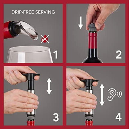 The Original Vacu Vin Wine Saver Pump and Wine Preserver with Vacu Vin Wine Stoppers Vacuum Sealers and Wine Pourers. Wine Pump is Stainless Steel. Wine Vacuum Stoppers are Black.