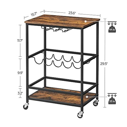 VASAGLE Bar Cart, Serving Cart with Wheels, Glass Stemware Rack and Wine Bottle Holders, 15.7 x 23.6 x 29.5 Inches, Industrial, Rustic Brown and Black ULRC087B01