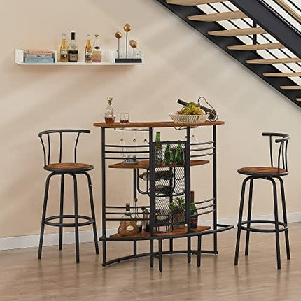 VECELO 3-Piece Set Rustic Dining Pub Storage Shelf, 2 Back, Counter Height, for Indoor Kitchen Living Room Party, bar-Table+2-barstools, Brown