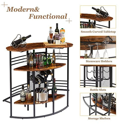 VECELO 3-Piece Set Rustic Dining Pub Storage Shelf, 2 Back, Counter Height, for Indoor Kitchen Living Room Party, bar-Table+2-barstools, Brown