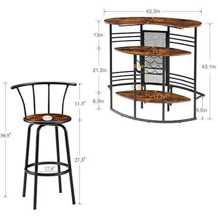 VECELO 3-Piece Set Rustic Dining Pub Storage Shelf, 2 Back, Counter Height, for Indoor Kitchen Living Room Party, bar-Table+2-barstools, Brown