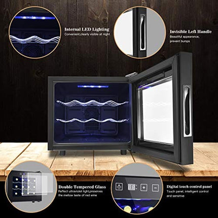 12 Bottle Wine Cooler Refrigerator- Freestanding Wine Cellar for Red, White, Champagne or Sparkling Wine,Compressor Wine Chiller Digital Temperature Control Fridge Glass Door - Black