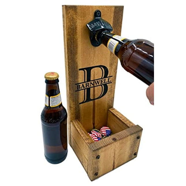 Bottle Opener with Dropbox Cap Catcher - Wall Mount or Freestanding - Laser Engraved - Personalized Christmas Gift idea for men Rustic Wood Groomsmen Gift Sets, Wedding and Anniversary Presents