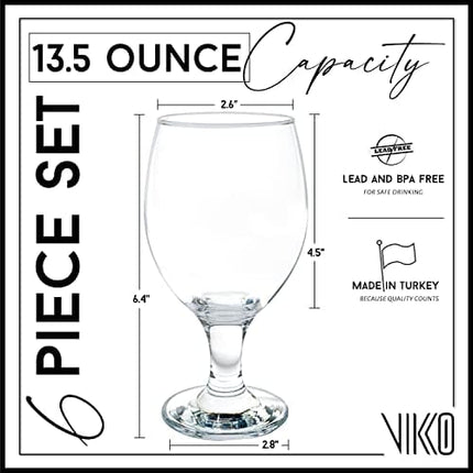 Vikko Beer Glass, Set of 6 Belgian Style Beer Glasses, Large Size 13.5 Ounce, Dishwasher Safe Durable Drinking Glass for Craft Brews, Beer or Water