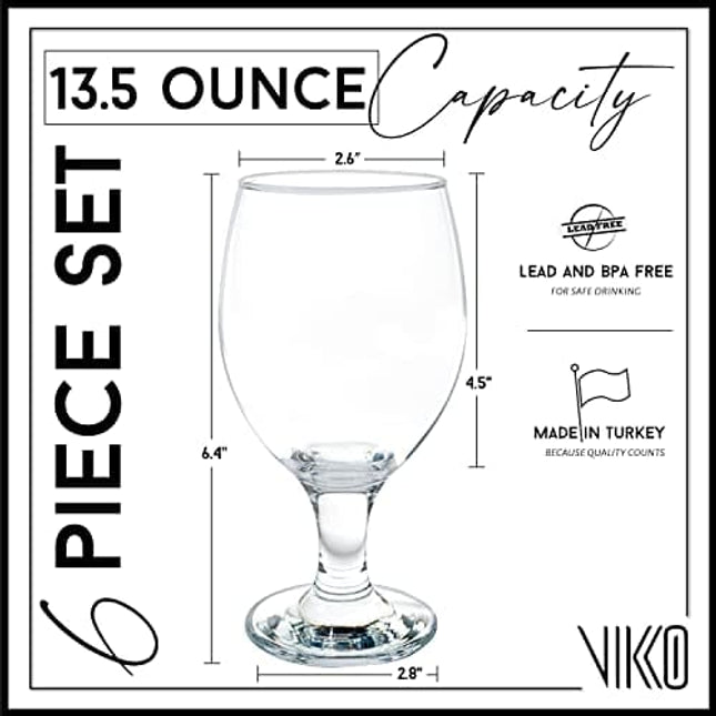 Vikko Beer Glass, Set of 6 Belgian Style Beer Glasses, Large Size 13.5 Ounce, Dishwasher Safe Durable Drinking Glass for Craft Brews, Beer or Water