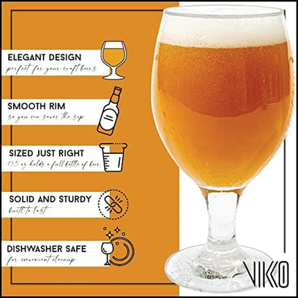 Vikko Beer Glass, Set of 6 Belgian Style Beer Glasses, Large Size 13.5 Ounce, Dishwasher Safe Durable Drinking Glass for Craft Brews, Beer or Water