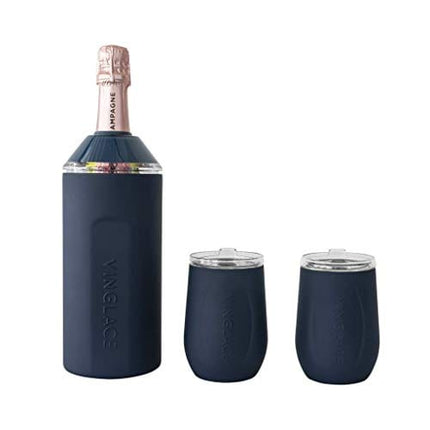 Vinglacé Wine Bottle Chiller Gift Set- Portable Stainless Steel Wine Cooler with 2 Stemless Wine Glasses, Navy