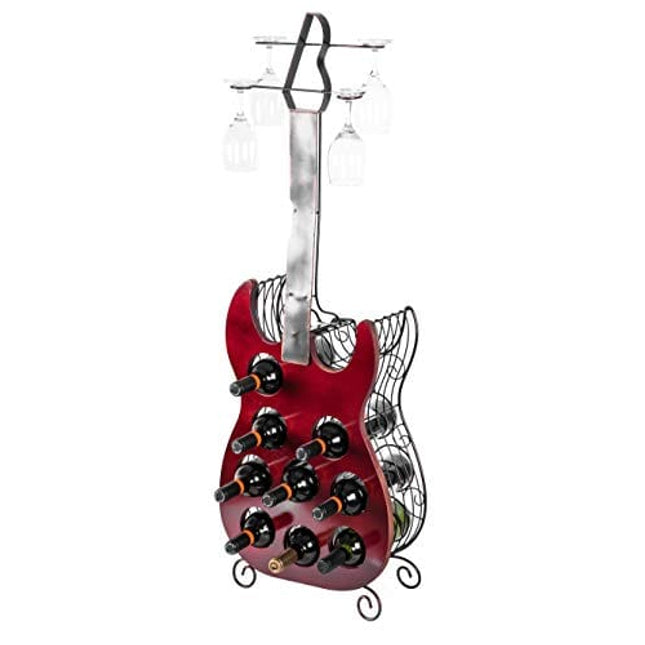 Vintage Wood and Metal Guitar Shaped 9 Bottle Freestanding Decorative Wine Holder
