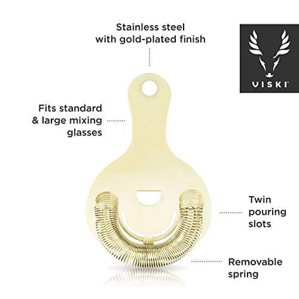 Viski Hawthorne and Bartending Strainer - Stainless Steel Bar Cocktail Strainer for Drinks with Handles, Gold