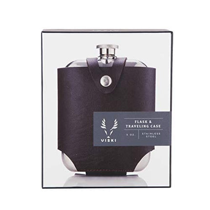 Viski Wrapped Leather Pouch-Travel Liquor Men-Stainless Steel Pocket Flask Brown Case, Set of 1