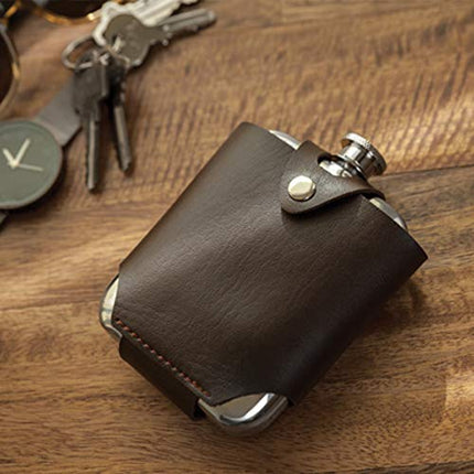 Viski Wrapped Leather Pouch-Travel Liquor Men-Stainless Steel Pocket Flask Brown Case, Set of 1
