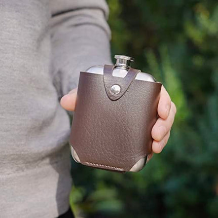Viski Wrapped Leather Pouch-Travel Liquor Men-Stainless Steel Pocket Flask Brown Case, Set of 1