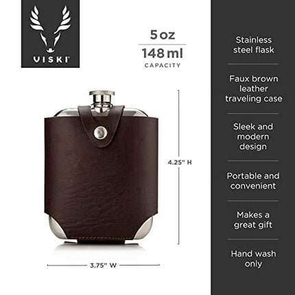 Viski Wrapped Leather Pouch-Travel Liquor Men-Stainless Steel Pocket Flask Brown Case, Set of 1