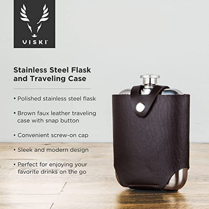 Viski Wrapped Leather Pouch-Travel Liquor Men-Stainless Steel Pocket Flask Brown Case, Set of 1