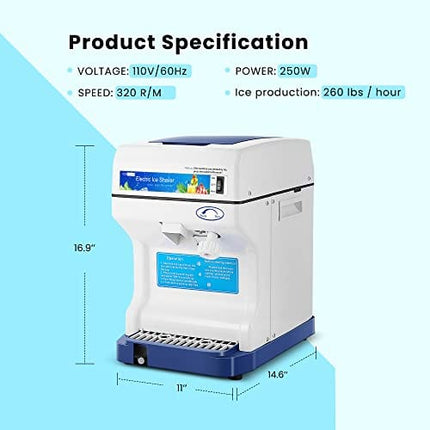 VIVOHOME Electric Ice Crusher Shaver Snow Cone Maker Machine 265lbs/hr for Home and Commercial Use Blue