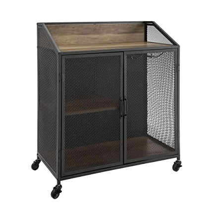 Walker Edison Malcomb Urban Industrial Metal Mesh Double Door Rolling Bar Cabinet, 33 Inch, Rustic Oak