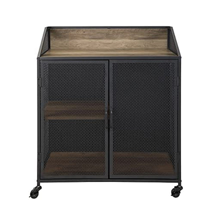 Walker Edison Malcomb Urban Industrial Metal Mesh Double Door Rolling Bar Cabinet, 33 Inch, Rustic Oak