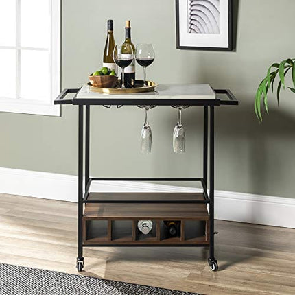 Walker Edison Marble and Wood Bar Serving Cart with Wheels Wine Glass and Bottle Kitchen Storage, 34 Inch, Marble