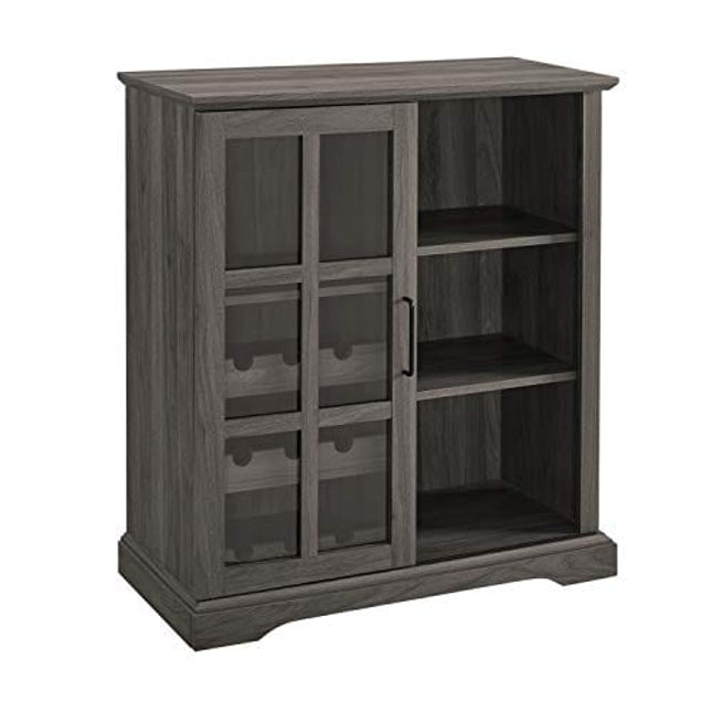 Walker Edison Wood Sliding Glass Door Bar Cabinet Entryway Serving Wine Storage Doors Dining Room Console, 36 Inch, Slate Grey