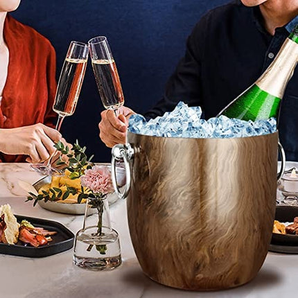 Ice Bucket with Lid, Scoop, Tongs and Strainer - Well Made Insulated Stainless Steel Keep Ice Frozen Longer - Ideal for Cocktail Bar, Parties, Chilling Wine, Champagne - 3 Liter (Teakwood)