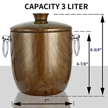 Ice Bucket with Lid, Scoop, Tongs and Strainer - Well Made Insulated Stainless Steel Keep Ice Frozen Longer - Ideal for Cocktail Bar, Parties, Chilling Wine, Champagne - 3 Liter (Teakwood)