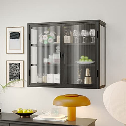 Retro Style Haze Double Glass Door Wall Cabinet with Detachable Shelves for Office, Dining Room,Living Room, Kitchen and Bathroom Frosted Black