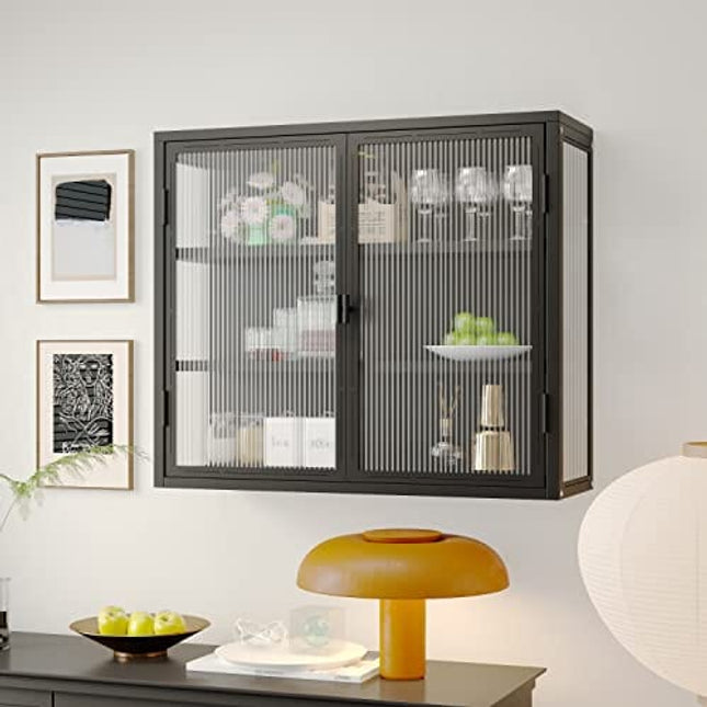 Retro Style Haze Double Glass Door Wall Cabinet with Detachable Shelves for Office, Dining Room,Living Room, Kitchen and Bathroom Frosted Black
