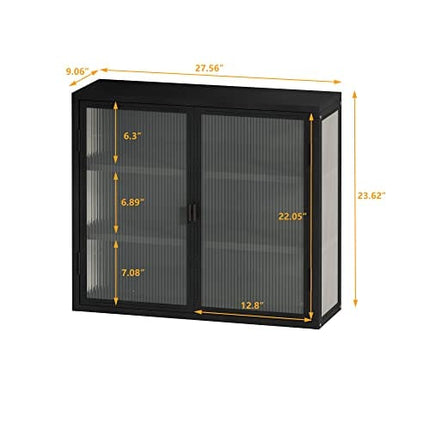 Retro Style Haze Double Glass Door Wall Cabinet with Detachable Shelves for Office, Dining Room,Living Room, Kitchen and Bathroom Frosted Black