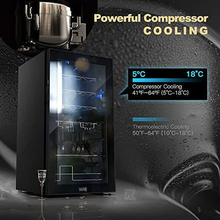 WIE 28 Bottle Wine Cooler Refrigerator Compressor Wine Fridge Freestanding Quiet Operation 41°F-64°F Cooling Wine Cellar Digital Touch Display UV-Protective Finish Auto-Defrost Double-layer Glass Door