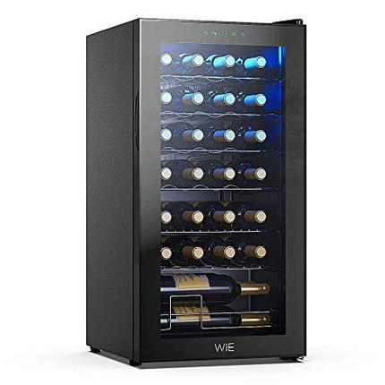 WIE 28 Bottle Wine Cooler Refrigerator Compressor Wine Fridge Freestanding Quiet Operation 41°F-64°F Cooling Wine Cellar Digital Touch Display UV-Protective Finish Auto-Defrost Double-layer Glass Door