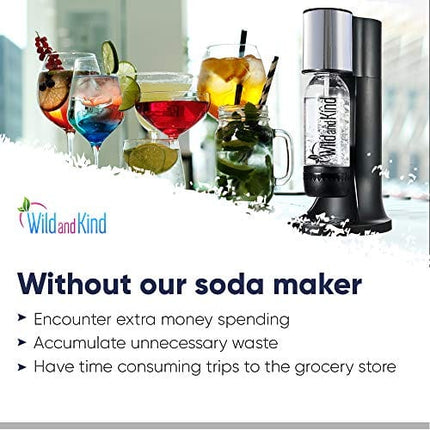 Wild and Kind Sparkling Water Maker, Water Carbonator and Soda Maker Machine for Home, Easy to Use, Spill & Leak Free, Your Own Seltzer Water Maker with Carbonation Control Function, 3 Bottles (Black)