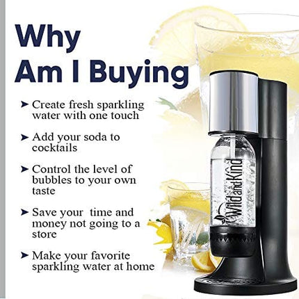 Wild and Kind Sparkling Water Maker, Water Carbonator and Soda Maker Machine for Home, Easy to Use, Spill & Leak Free, Your Own Seltzer Water Maker with Carbonation Control Function, 3 Bottles (Black)