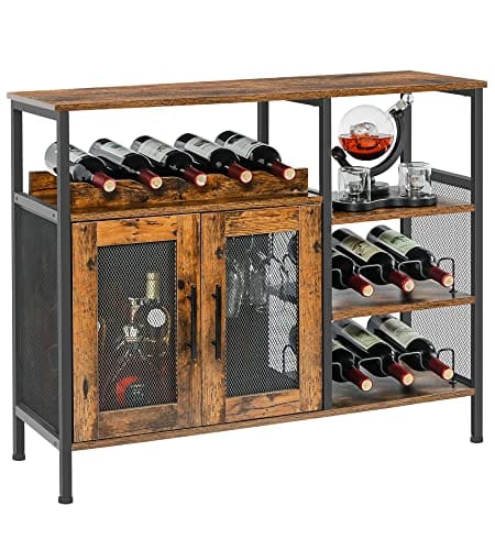 X-cosrack Wine Bar Rack Cabinet with Detachable Wine Rack, Coffee Bar Cabinet with Glass Holder, Small Sideboard and Buffet Cabinet with Mesh Door, Rustic Brown, Large