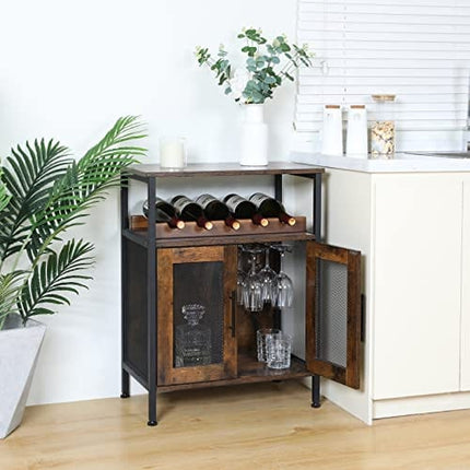 X-cosrack Wine Bar Rack Cabinet with Detachable Wine Rack, Coffee Bar Cabinet with Glass Holder, Small Sideboard and Buffet Cabinet with Mesh Door, Rustic Brown(Patent Pending)