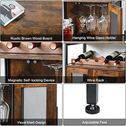 X-cosrack Wine Bar Rack Cabinet with Detachable Wine Rack, Coffee Bar Cabinet with Glass Holder, Small Sideboard and Buffet Cabinet with Mesh Door, Rustic Brown(Patent Pending)