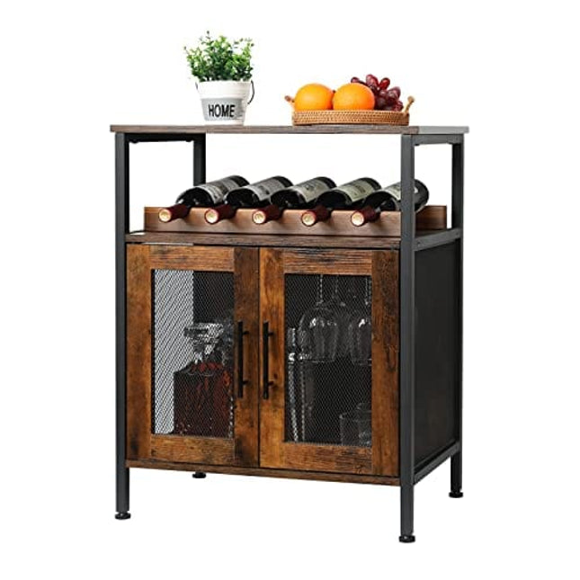 X-cosrack Wine Bar Rack Cabinet with Detachable Wine Rack, Coffee Bar Cabinet with Glass Holder, Small Sideboard and Buffet Cabinet with Mesh Door, Rustic Brown(Patent Pending)