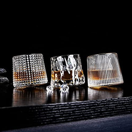 3 Set Rotating Whiskey Glasses with Black Walnut Coasters - Luxurious Crystal 160ml in Choice of Styles. Unique Arched Convex Bottoms for Spinning. Real Wood Fitted Coasters.