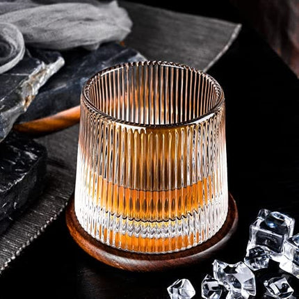 3 Set Rotating Whiskey Glasses with Black Walnut Coasters - Luxurious Crystal 160ml in Choice of Styles. Unique Arched Convex Bottoms for Spinning. Real Wood Fitted Coasters.