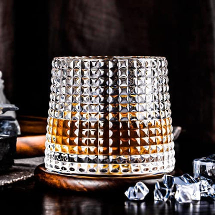 3 Set Rotating Whiskey Glasses with Black Walnut Coasters - Luxurious Crystal 160ml in Choice of Styles. Unique Arched Convex Bottoms for Spinning. Real Wood Fitted Coasters.