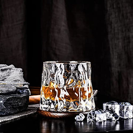 3 Set Rotating Whiskey Glasses with Black Walnut Coasters - Luxurious Crystal 160ml in Choice of Styles. Unique Arched Convex Bottoms for Spinning. Real Wood Fitted Coasters.