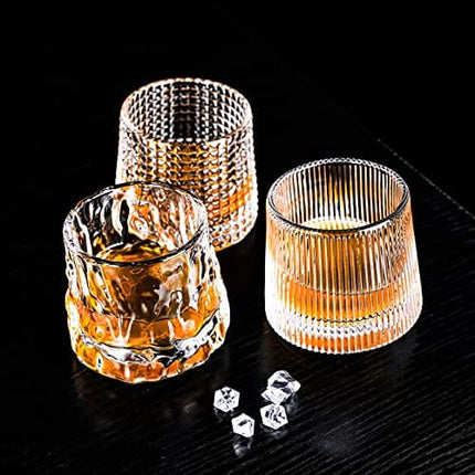 3 Set Rotating Whiskey Glasses with Black Walnut Coasters - Luxurious Crystal 160ml in Choice of Styles. Unique Arched Convex Bottoms for Spinning. Real Wood Fitted Coasters.