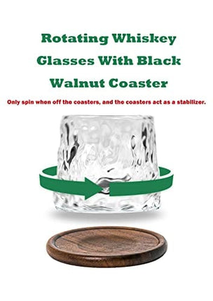 3 Set Rotating Whiskey Glasses with Black Walnut Coasters - Luxurious Crystal 160ml in Choice of Styles. Unique Arched Convex Bottoms for Spinning. Real Wood Fitted Coasters.