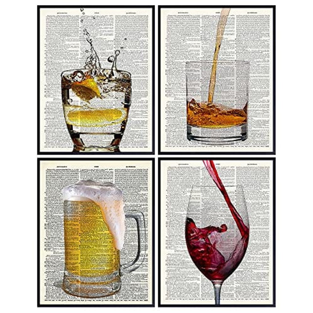 Upcycled Bar Dictionary Wall Art Prints - Set of Four (8X10) Vintage Unframed Photos - Perfect Gift for Game Room, Bar, or Man Cave Decor - Wine