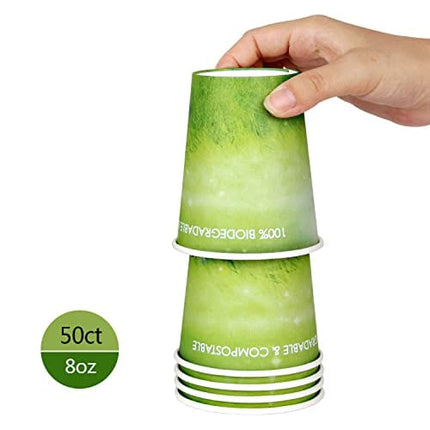 Yes!Fresh 8oz Disposable Hot Beverage Paper Coffee Cups for Parties,Picnics,Barbecues,Travel and Events, Eco-friendly,100% Blodegradable&Compostable (8 oz, 50 Count,Green)