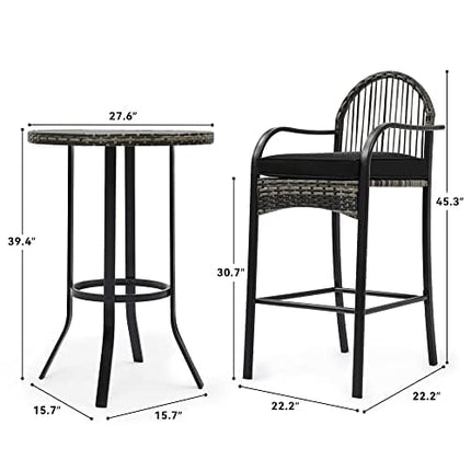 YITAHOME 3-Piece Patio Bar Table Set, Outdoor Wicker Bar Height Bistro with Soft Cushions, Steel Frame for Poolside Balcony, Barstools (Black)