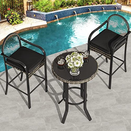 YITAHOME 3-Piece Patio Bar Table Set, Outdoor Wicker Bar Height Bistro with Soft Cushions, Steel Frame for Poolside Balcony, Barstools (Black)