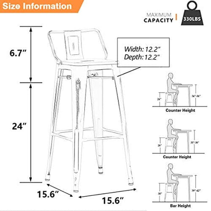 Yongchuang Metal Bar Stools with Back Set of 4 Indoor Outdoor Kitchen Stools Counter Height Barstools (24" Seat Height, Low Back Matte Black)