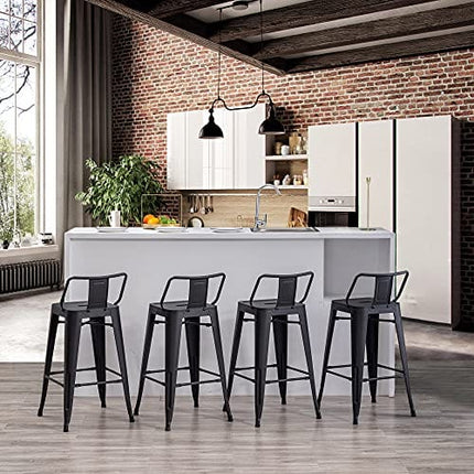 Yongchuang Metal Bar Stools with Back Set of 4 Indoor Outdoor Kitchen Stools Counter Height Barstools (24" Seat Height, Low Back Matte Black)