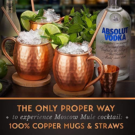 Yooreka Gift Set Moscow Mule Mugs Set Of 4 16 oz Solid Cooper, 100% Pure Copper Cups Cylindrical Shape HANDCRAFTED,BONUS 4 Straws, 4 Wood Coasters, Stirring Spoon, Cleaning brush (Oval)